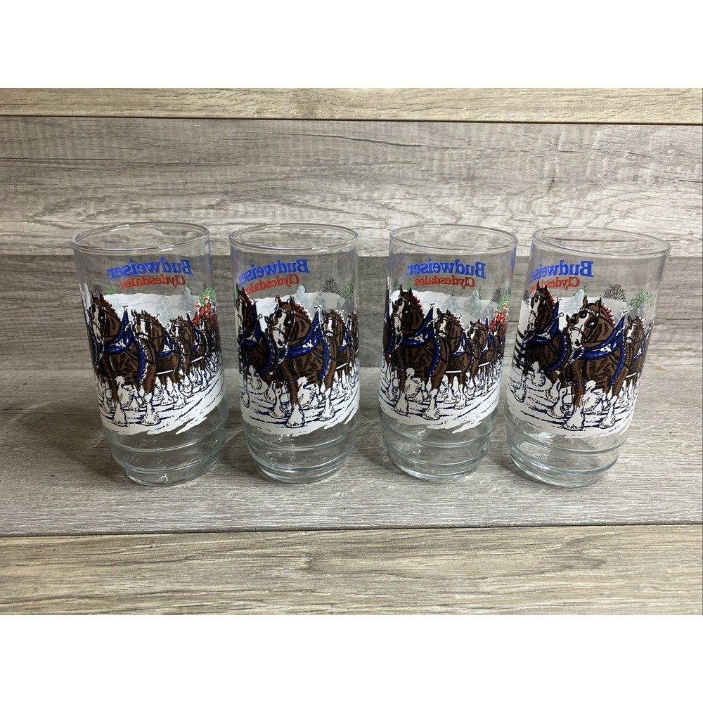 Budweiser Clydesdale Horse 1989 Holiday Beer Glass Set Of 4